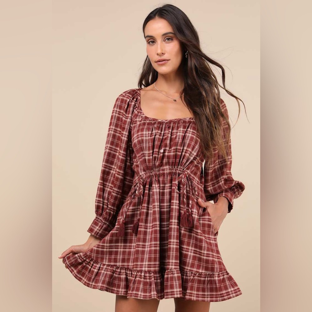 NWT Luluβs Autumn Perfection Red Plaid Mini Dress With Pockets Small